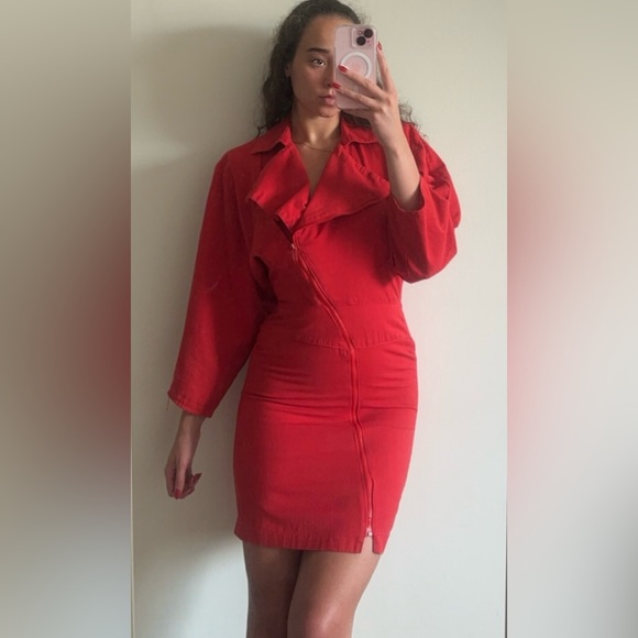 Vintage 80s Joni Blair of California Blazer Zip Front Mini Dress in Scarlet Red - Picture 6 of 13